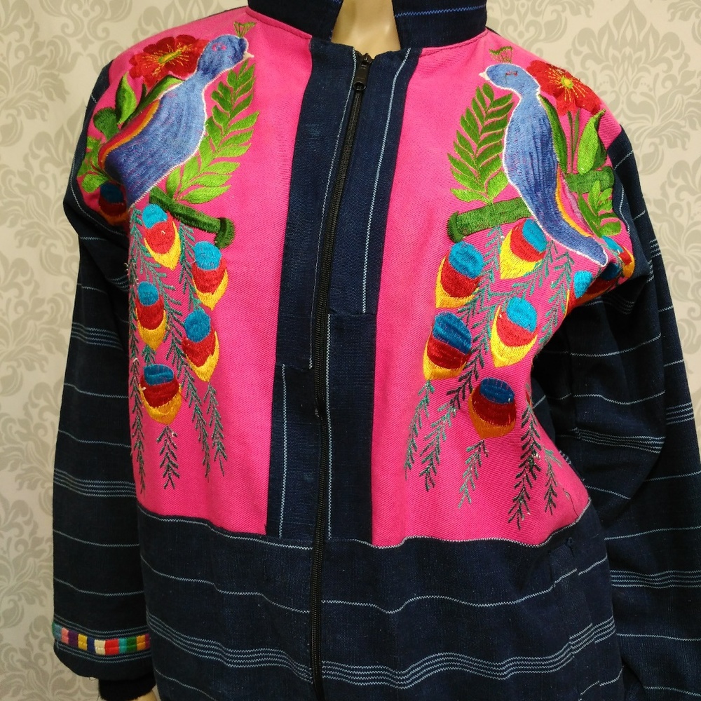 Embroidered Peacock Cotton Jacket Womens Size M Colorful Boho hippie Festival